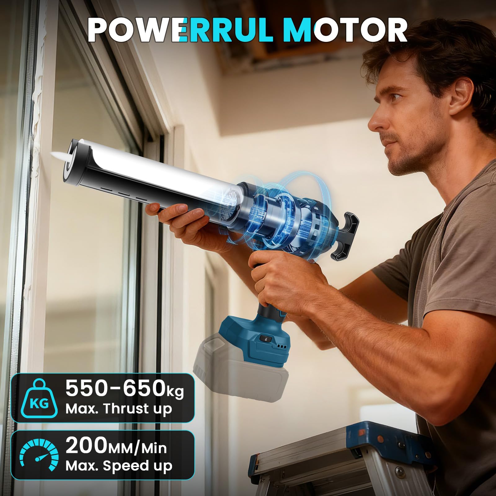 Pistola Selladora Inalámbrica para Bosch B 18V (sin Batería) | Pistola de Calafateo Eléctrica, 6 Velocidades Ajustables, Pantalla Digital y Luz LED, para Rellenar y Sellar