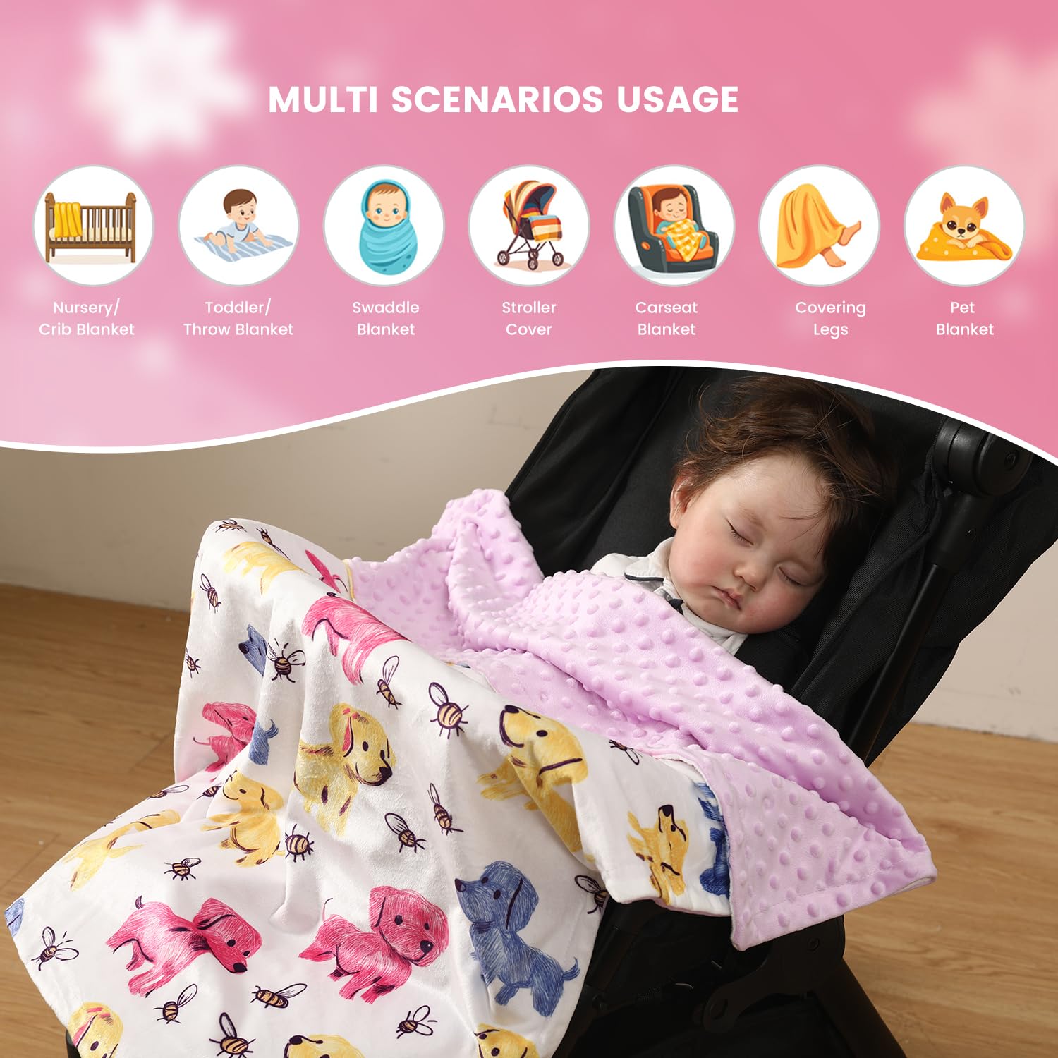 Manta de bebé unisex Minky con respaldo de puntos, doble capa, 76 x 101 cm, manta para bebé, manta para cuna, manta para envolver con estampado de perro