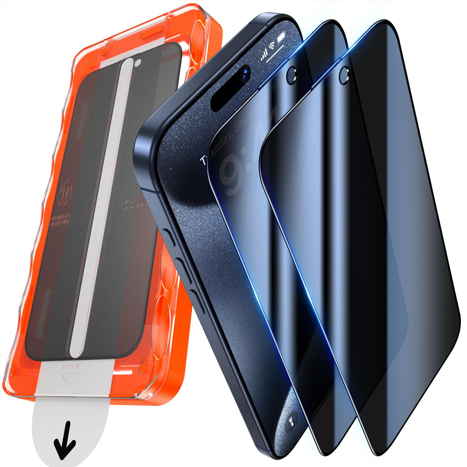 UniqueMe für iPhone 15 Pro für Panzerglas Sichtschutz - Privacy Schutzfolie, Automatische Installation, Bruchsicher Militärniveau, Anti-Spy Folie, 2 Stück