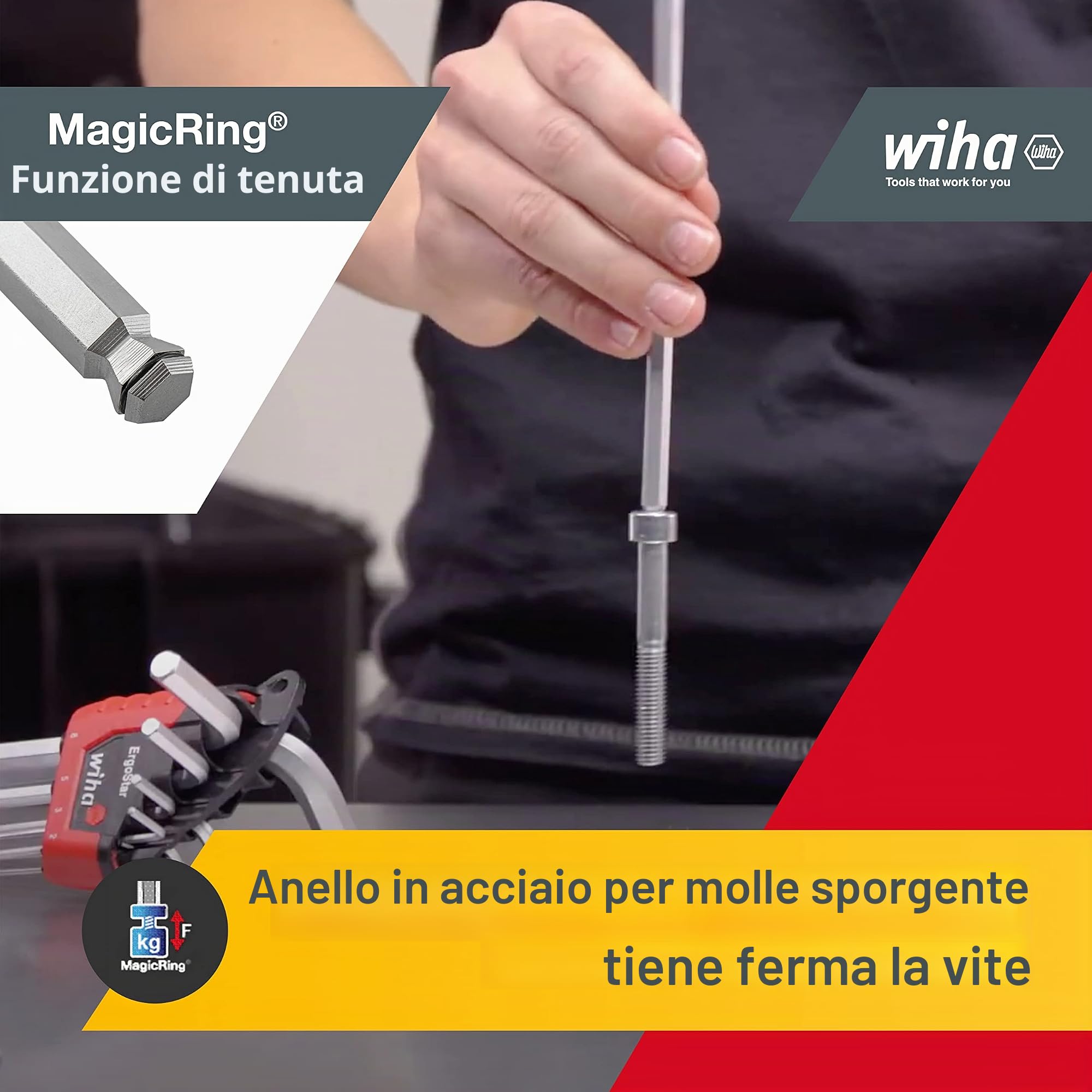 Wiha Juego de llaves Allen en soporte ErgoStar con cabeza esférica hexagonal MagicRing®, de 10 unid., en cromado mate (37351)