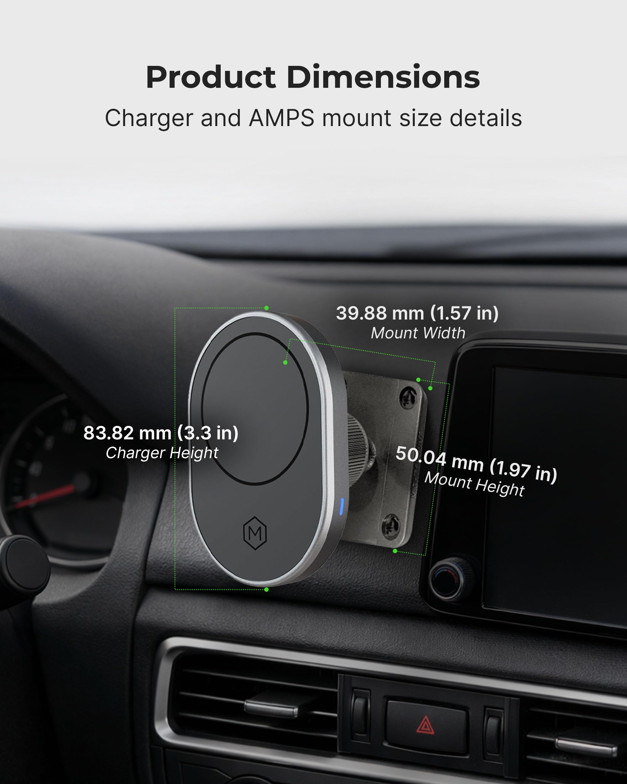 Magsafe - Soporte magnético inalámbrico para Cargador de Coche, Carga rápida, imanes N52 Fuertes, visión Ajustable, instalación Segura, Adhesivo VHB y Placa de Montaje AMPS con Base de