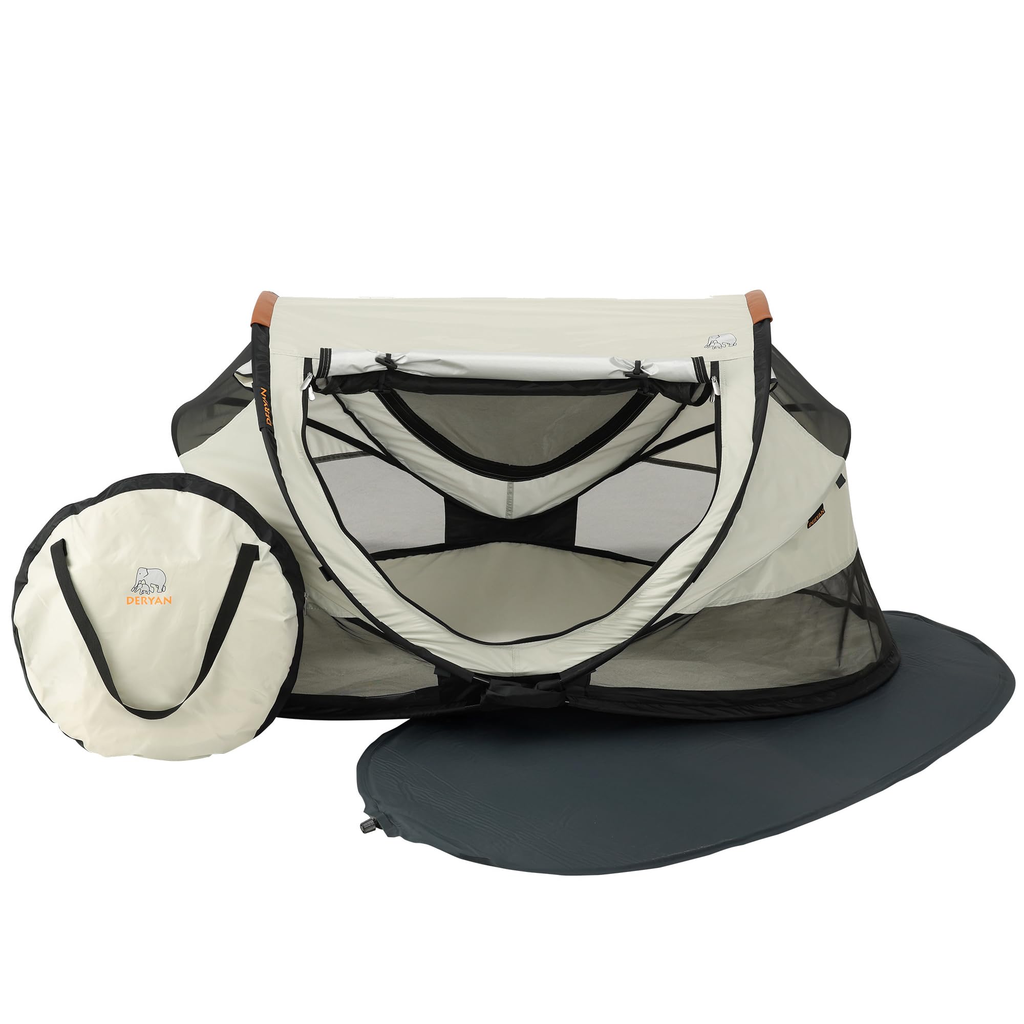 DERYAN Toddler Travel Cot with Mattress from Birth to 4.5 Years - Pop Up Bed Tent Set Up in 2 Seconds - Includes Mosquito Net and Travel Bag, Fast & Compact Folding, Lightweight (Ivory)