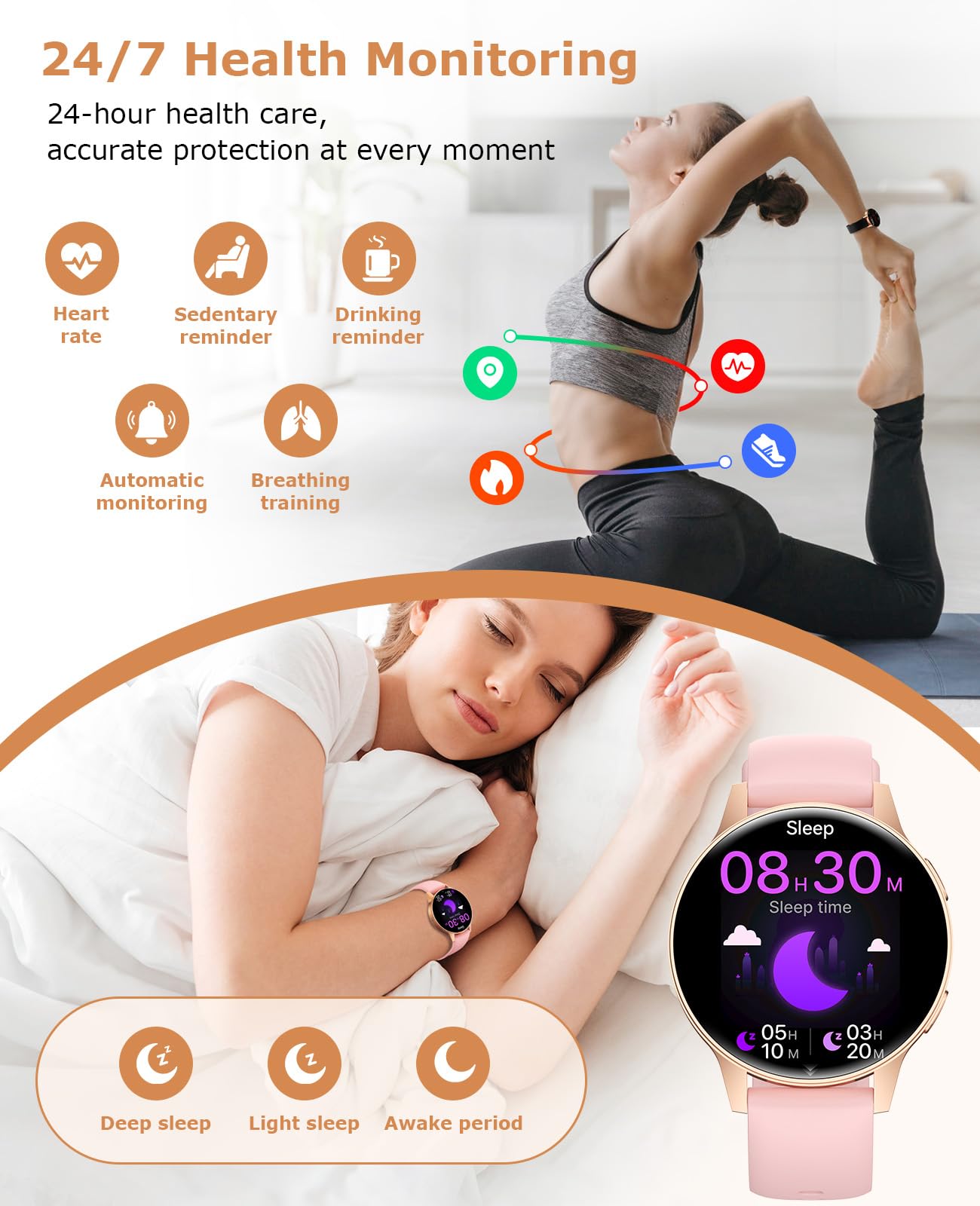 SLOKSFil Montre Connectée Femme, 1.27”HD Écran Entièrement Tactilev Smartwatch avec Appel Bluetooth,24H Fréquence Cardiaque Moniteur Sommeil,100+ Modes Sportifs Compatible pour Android iOS (Or Noir)