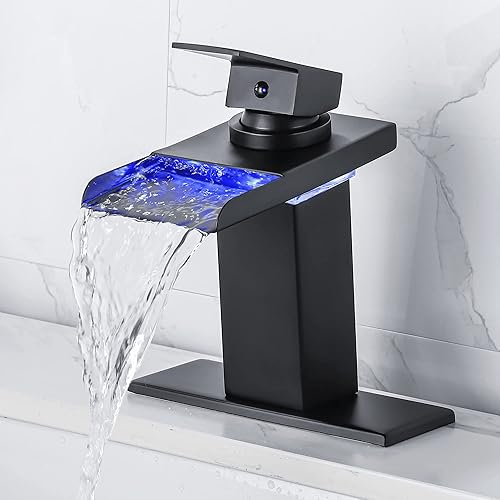 Grifo LED para lavabo de baño, grifo de cascada de un solo agujero negro mate o centro de 4 pulgadas con boquilla de acero inoxidable y luces LED