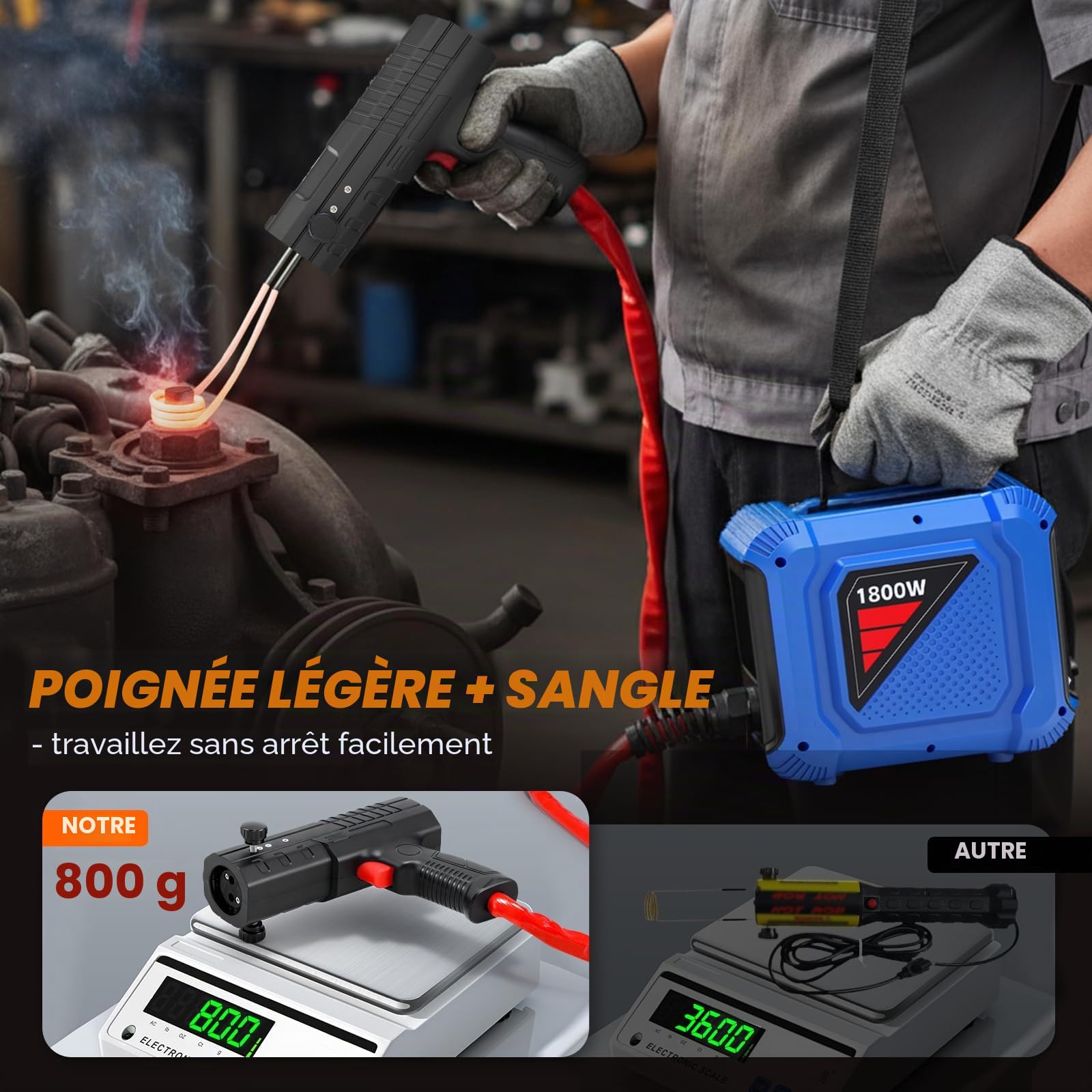 NEWTRY Ensemble de dispositif de chauffage à induction magnétique de 1800 W, dispositif de chauffage à tige sans flamme électromagnétique pour enlever les écrous rouillés avec 8 bobines et boîte de