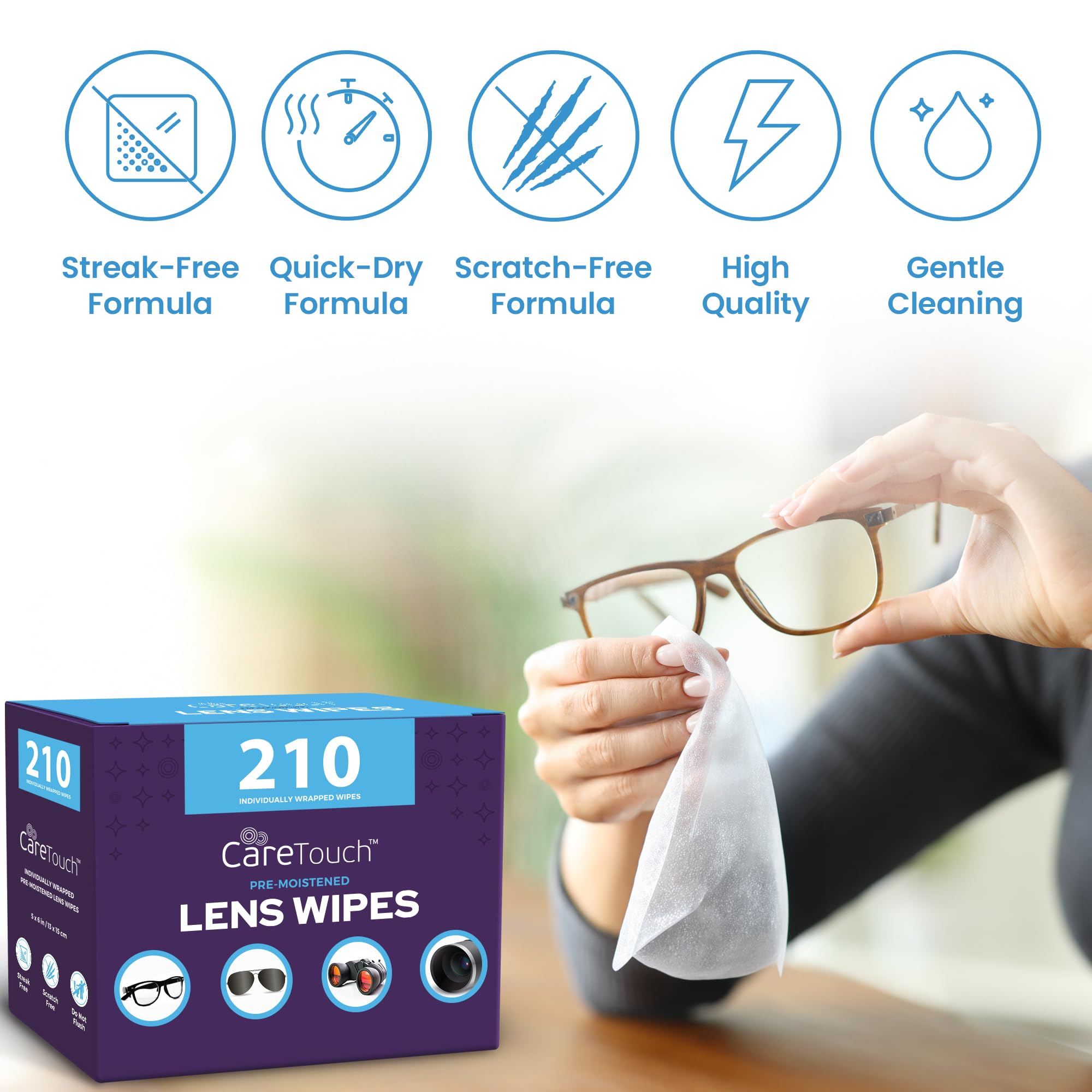 210 toallitas para lentes, toallitas de limpieza de lentes, prehumedecidas, envueltas individualmente, sin arañazos, sin rayas, toallitas limpiadoras para gafas de sol, lente de cámara, pantallas