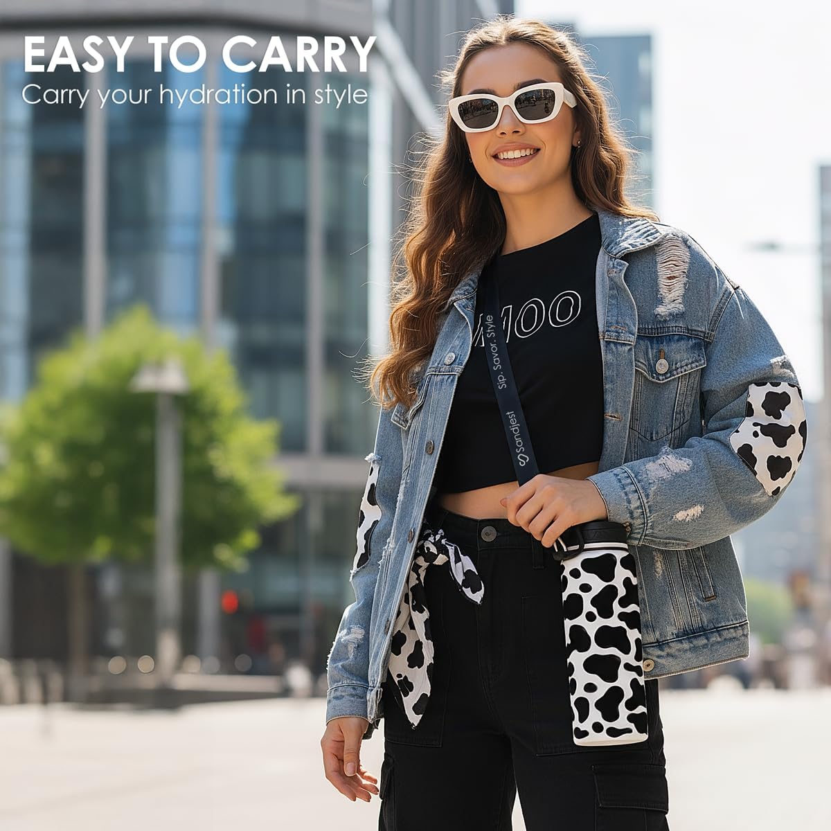 SANDJEST Cow Skin Stainless Steel Water Bottle with Strap 32oz, Insulated Bottles with Straw and Spout Lid for Gym Sports Travel Outdoor, Gifts for Women Girls Birthday Christmas - Image 5