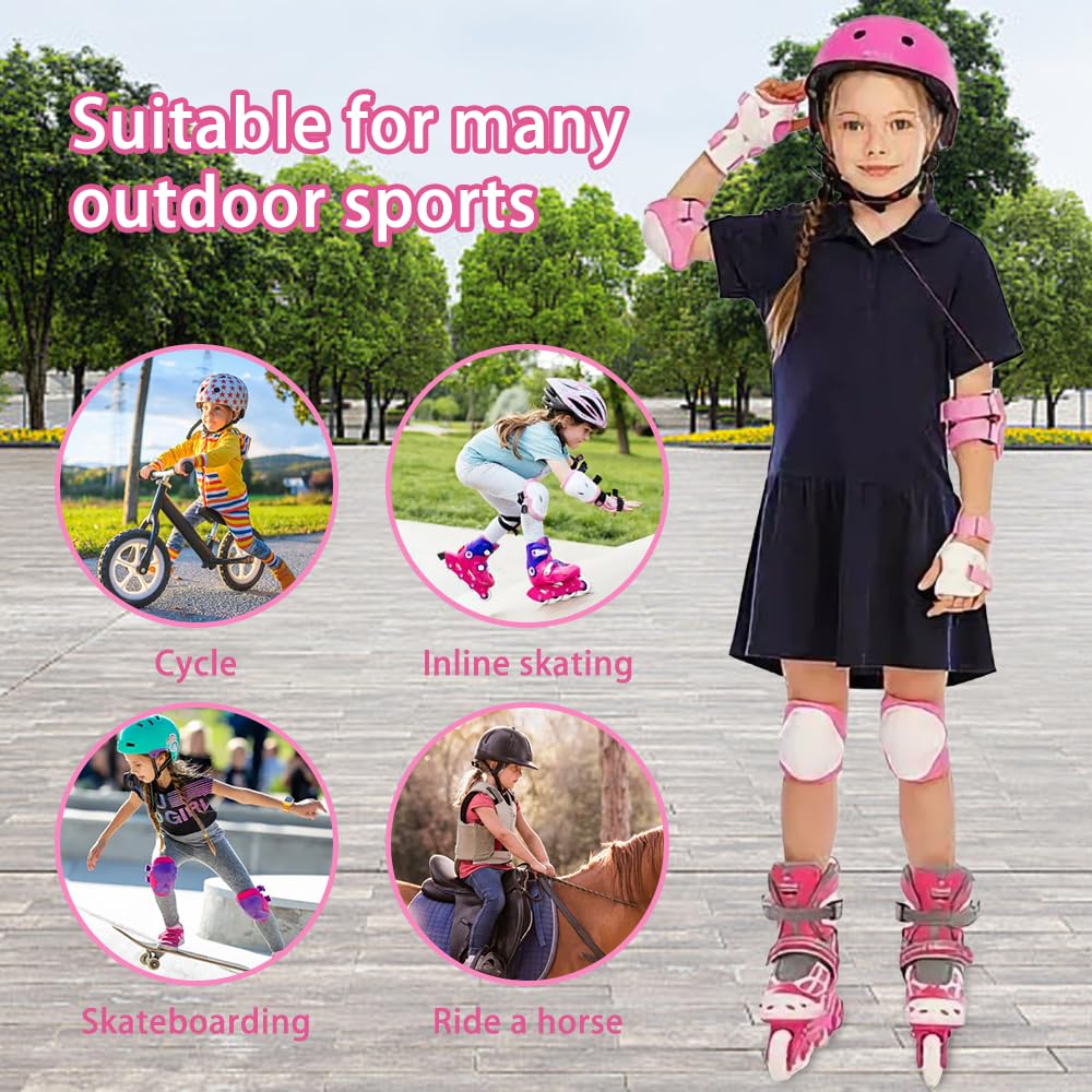 Genouillères Enfants 7 en 1 Set, Casque 3-7 Ans pour Skateboard, Vélo, Roller (Rose)