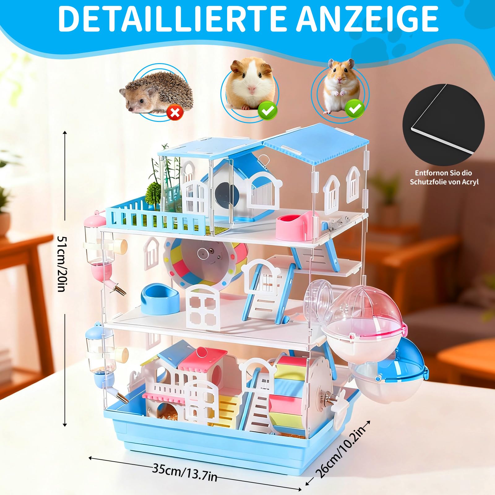 Jaula acrílica para hámster de 35 x 26 x 51 cm, diseño magnético para hámster, con botella de agua, cuenco para alimentos, rueda, bañera y puente colorido, base extraíble, color azul