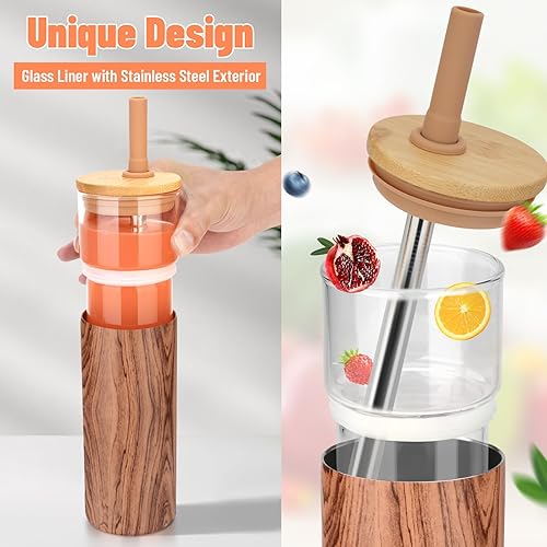 Miniatura 3 de Tronco Vaso de vidrio de doble pared de 20 onzas con popote y tapa, exterior de acero inoxidable, botellas de agua de vidrio sin sudor, taza de café