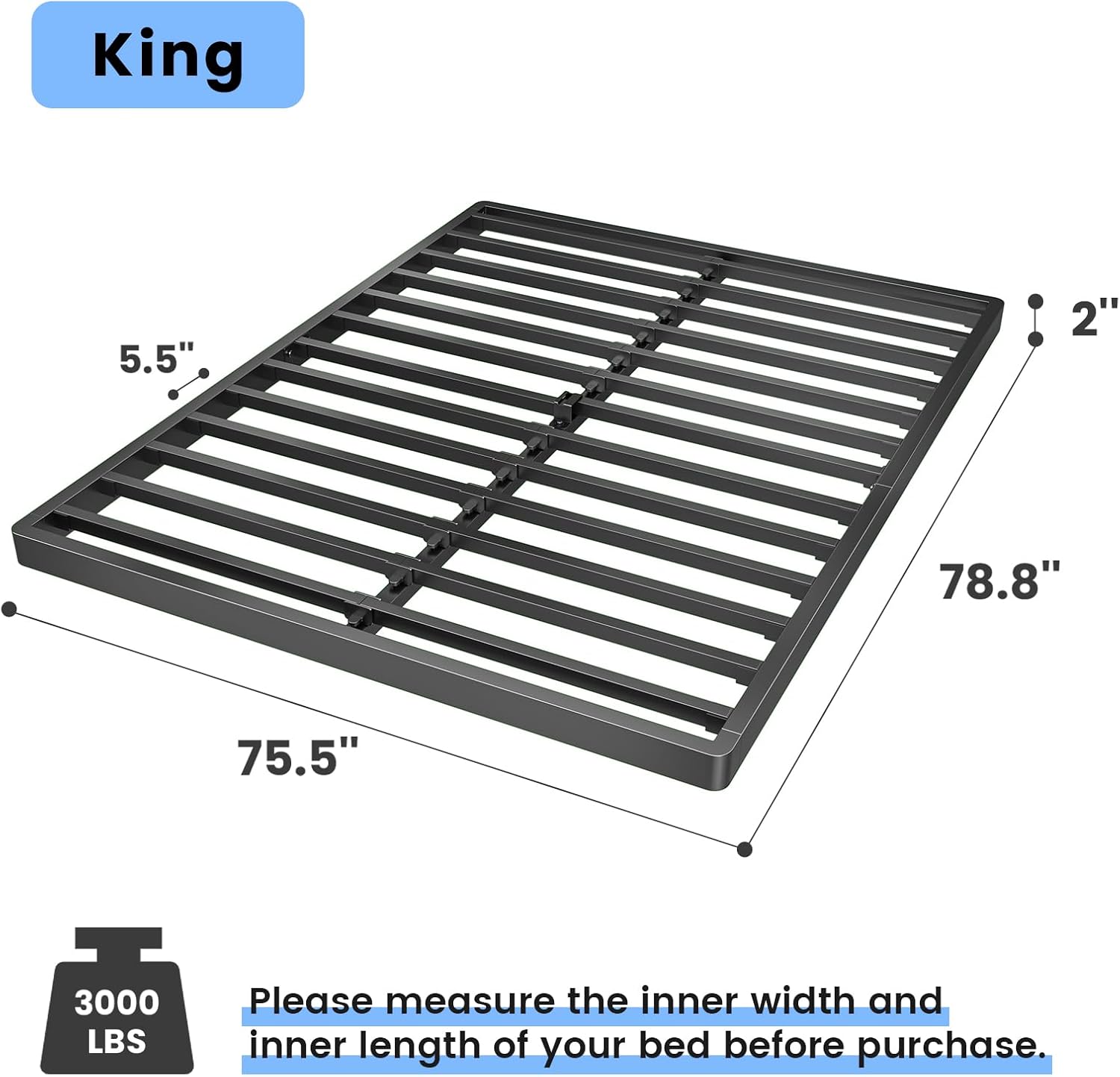 Superay 2 Inch King Box Spring Low Profile, Heavy Duty Metal Box Spring Bed Base, Bunkie Board Bed Slat Replacement, Mattress Foundation, Easy Assembly, Noise Free