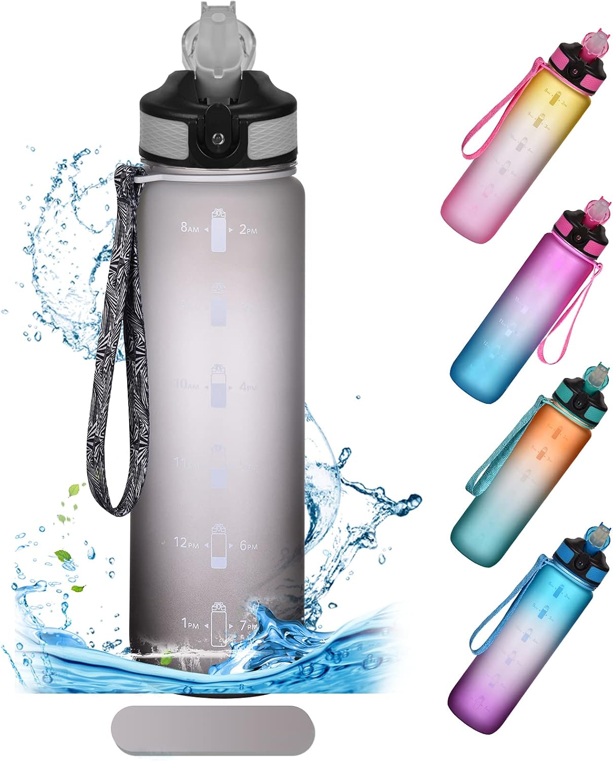 NAVTUE Water Bottle, 1L Sports Water Bottle with Straw, Time Markings, Tritan BPA free