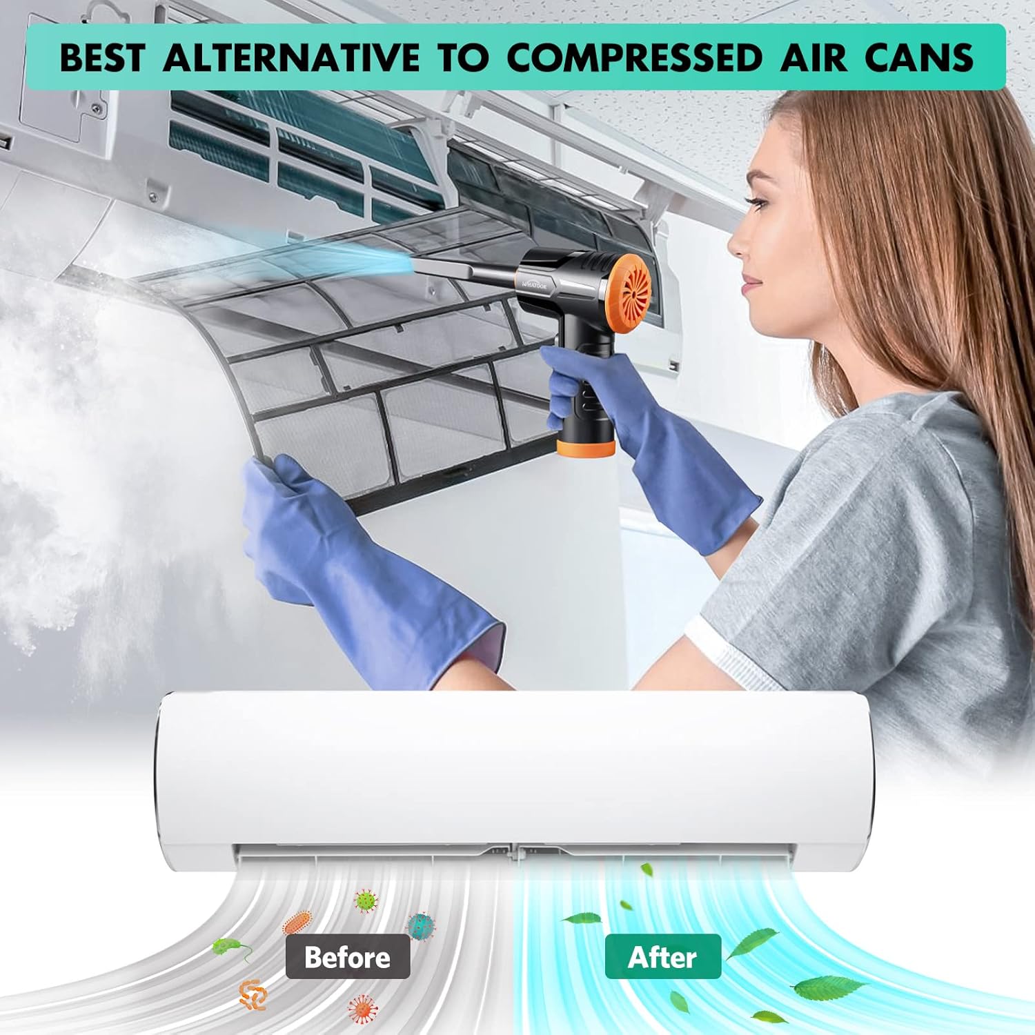 WHATOOK 2-in-1 Cordless Air Duster and Vacuum Cleaner charging via USB-C