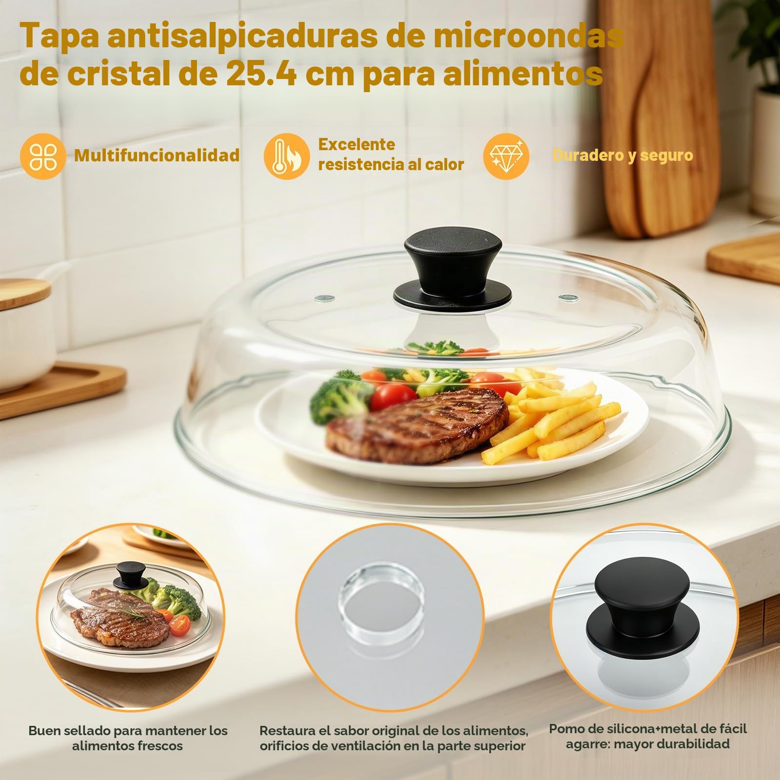 Tapa de cristal para microondas, tapa de cristal para alimentos, mango de cerámica y tornillos de cerámica, sin BPA