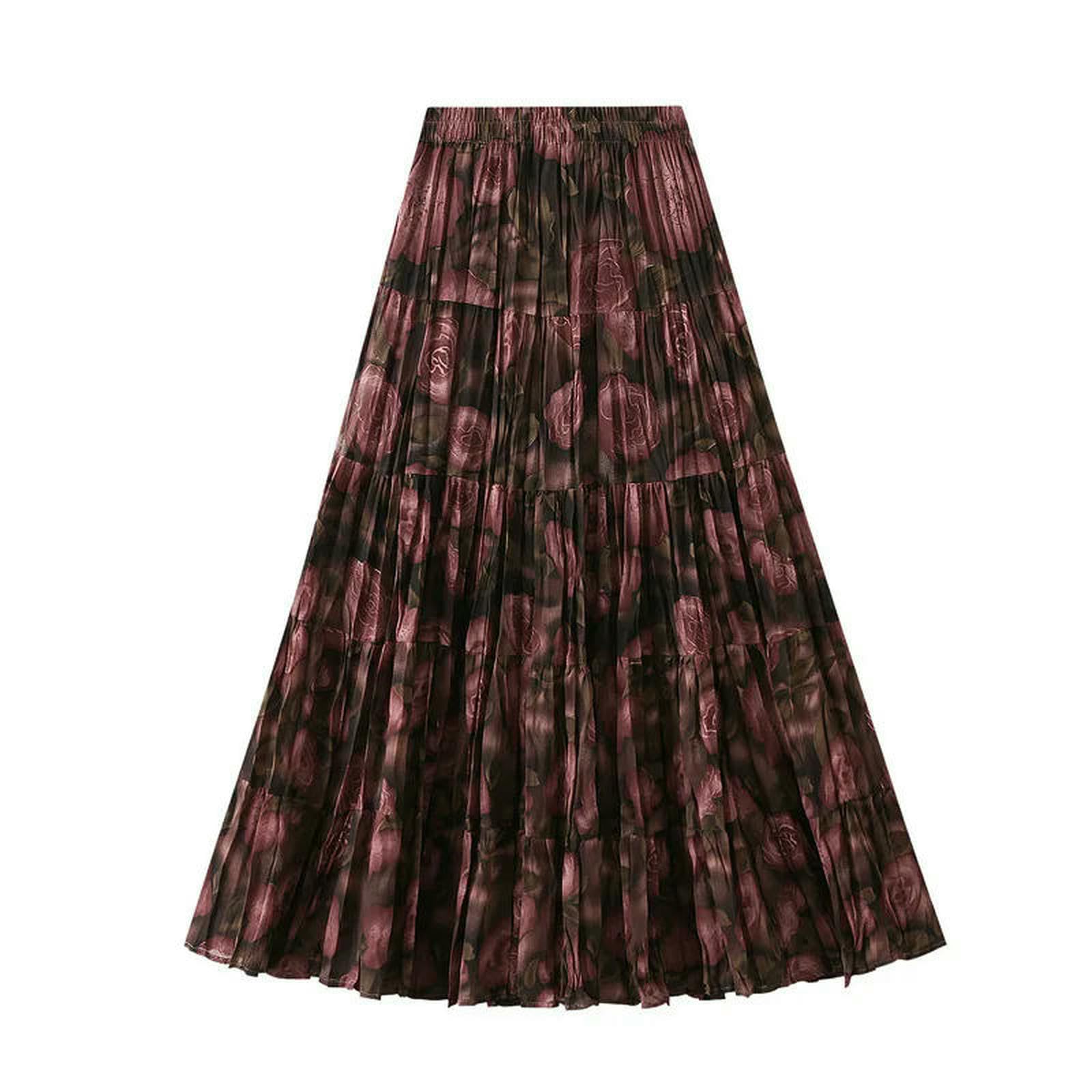 Gonna Lunga Stampa Floreale Elegante Piegato Gonne Lunghe Donne Primavera Estate Moda A-Line Sciolto Alta Vita Casual-Red-One Size