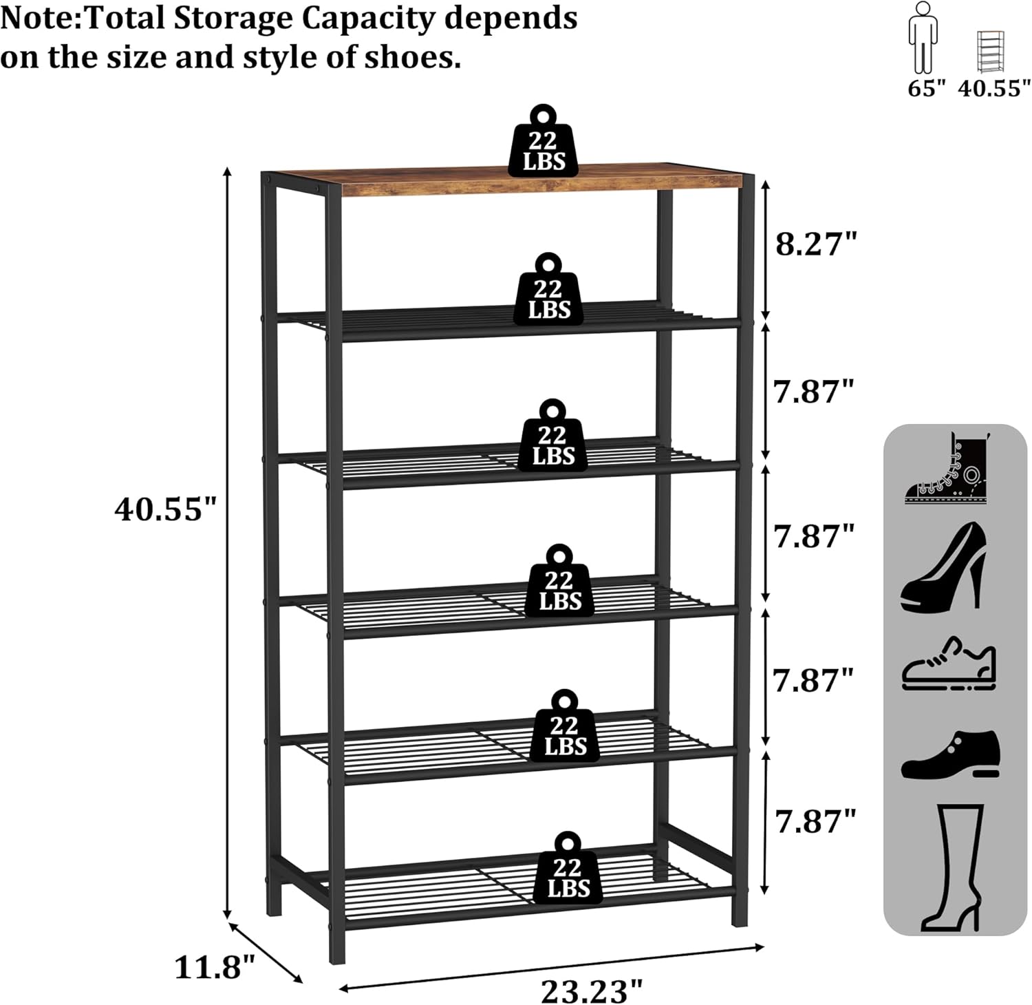 HOMEFORT Shoe Rack 6-Tier, Shoe Storage Shelf, Industrial Shoe Tower, Narrow Shoe Organizer for Closet Entryway, Small Shoe Rack Table with Durable Metal Shelves, Rustic Brown