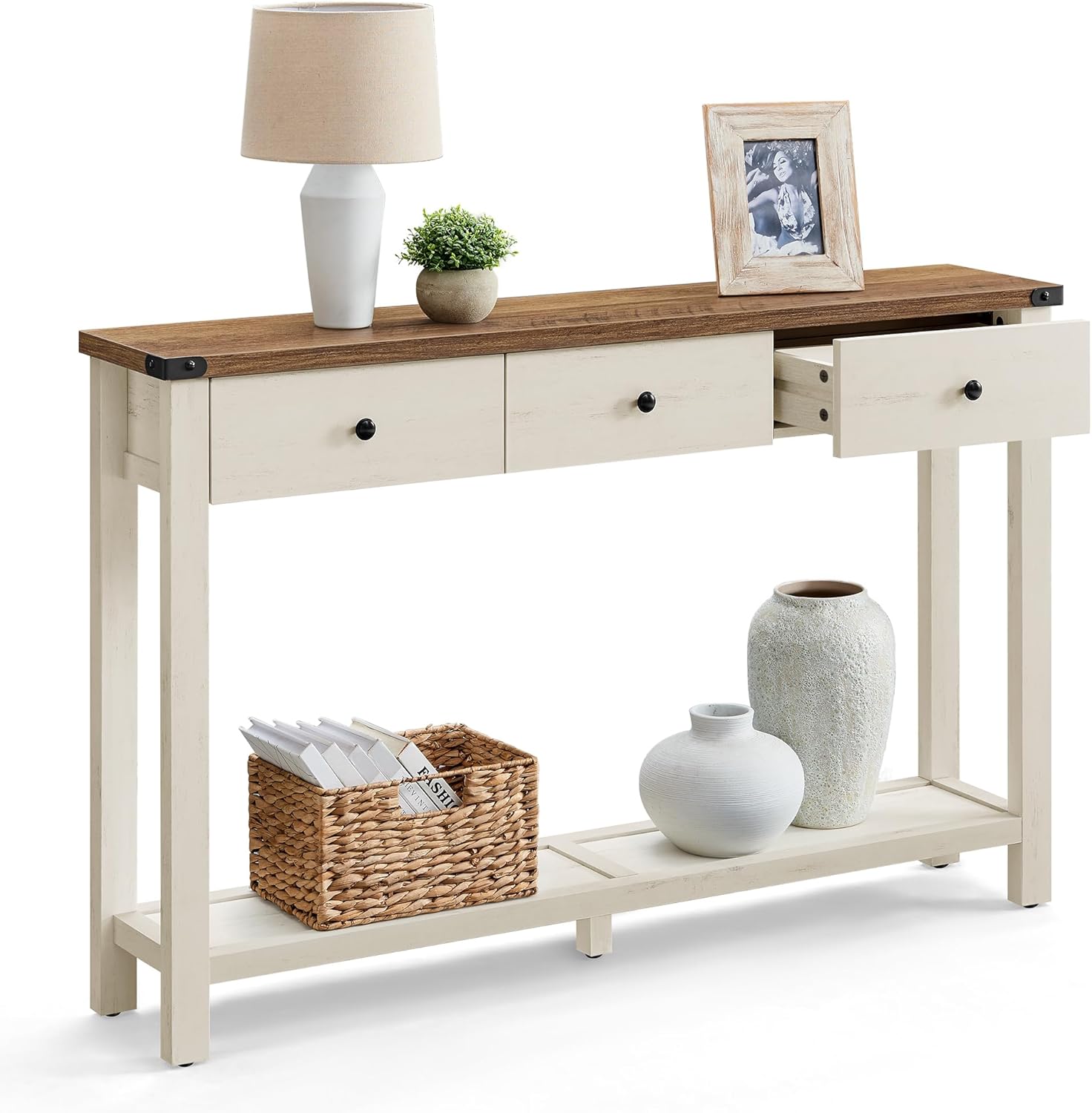 VASAGLE LIRY Collection - Console Table with 3 Drawers and Open Storage Shelf, Narrow Entryway Sofa Table for Living Room, Farmhouse Style, Metal Corners, Honey Brown ULNT142KB02S