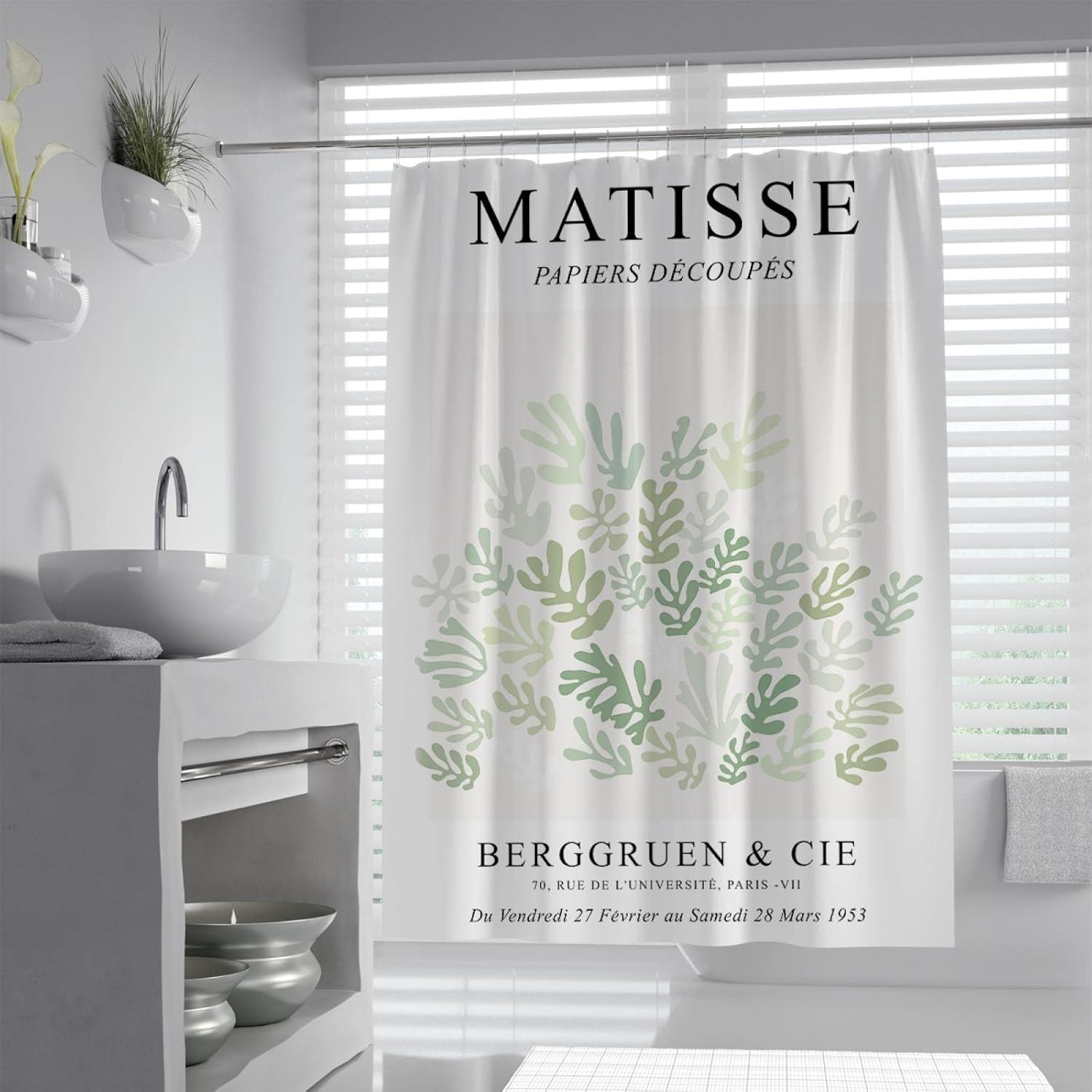 Matisse Green Plant Waterproof Fabric Shower Curtain White Beige Shower Curtain for Bathroom Bathtub Hotel Washable Shower Curtain with Hook 54W x 78L(in)