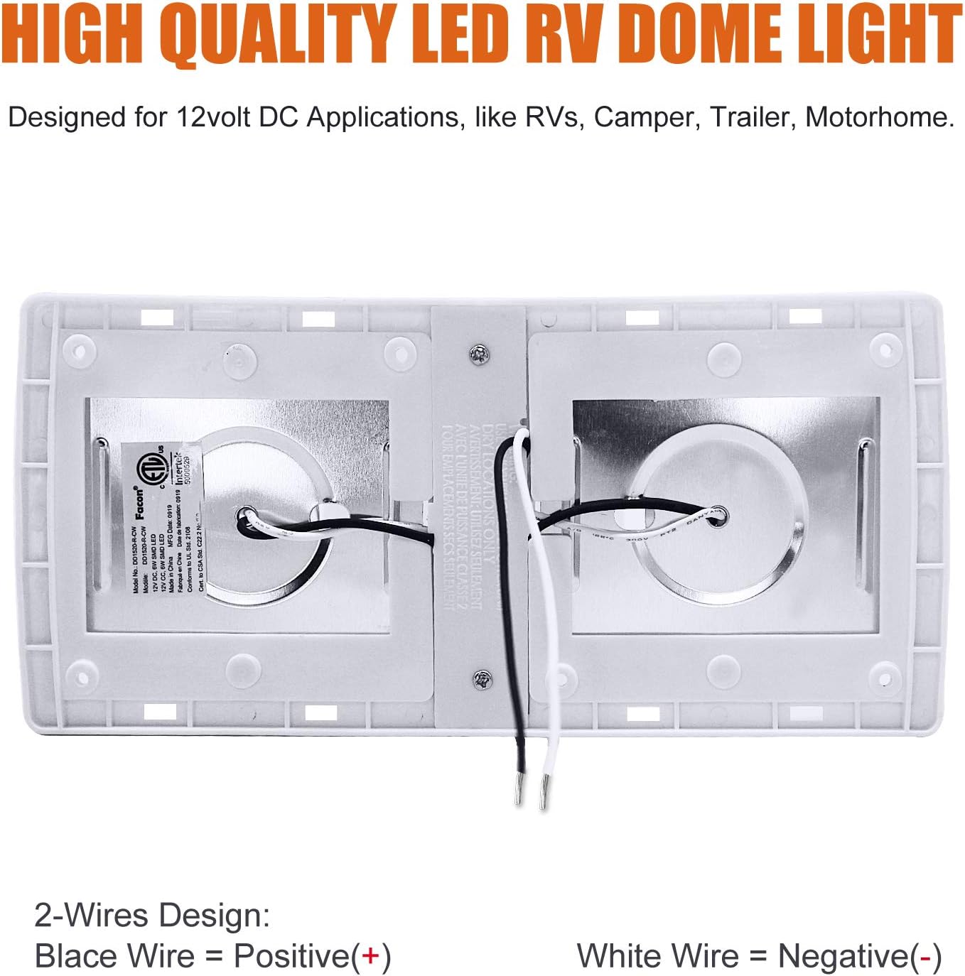 Facon 12V LED RV Interior Light Fixtures with On&Off Switch, 3400K Warm White, 12Volts DC Double Dome Under Cabinet Light, use for RV Motor-Homes Camper Caravan Trailer Boat