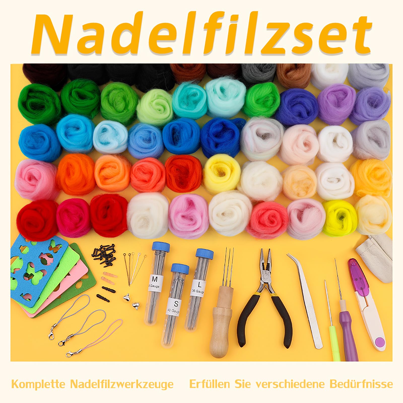 Riddur Nadelfilz-Set, 45 Farben Filzwolle Trockenfilzen Starterset, Grundlegenden Filzwerkzeugen und Zubehör, Weichem Nadelfilzpad für Diy Bastelprojekte und Handarbeiten