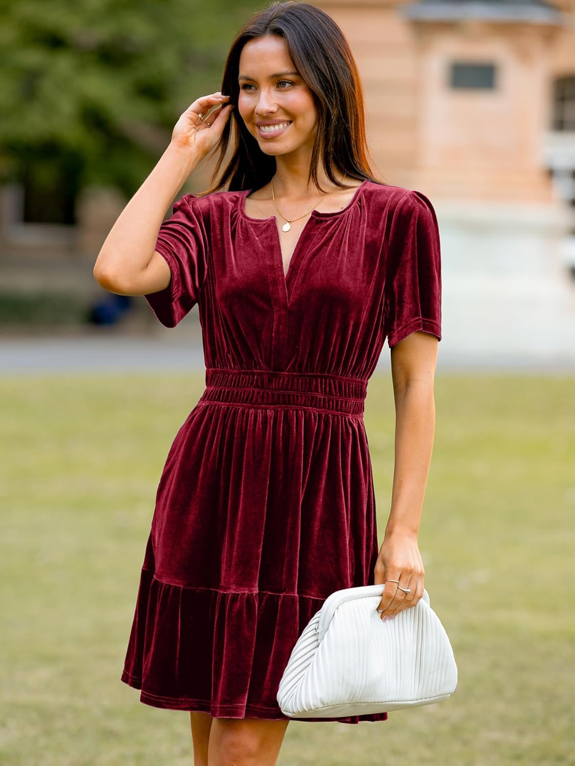 Simplee Women's 2025 Velvet Short Sleeve Cocktail Dress Fall Winter Casual V Neck Empire Waist Mini Dresses with Pockets - Image 6