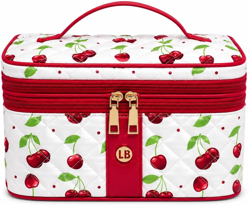lemonbella Debra Diamond Quilted Glambox - Spacious, Stylish Travel or Storage Case for Cosmetics, Toiletries (Holly Cherry Berry)