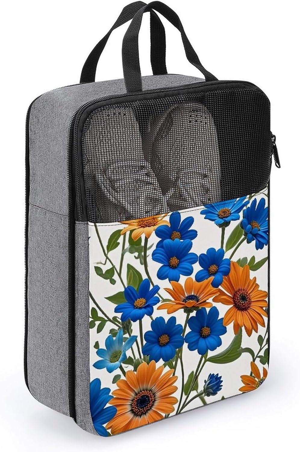 Blue And Orange Flowers on White Background Shoe Bag Travel Shoe Organizer with Zipper Golf Shoe Dust Bags for Man And Women Shoes Storage Pouch for Travel Waterproof Shoes Tote Sneaker Bags
