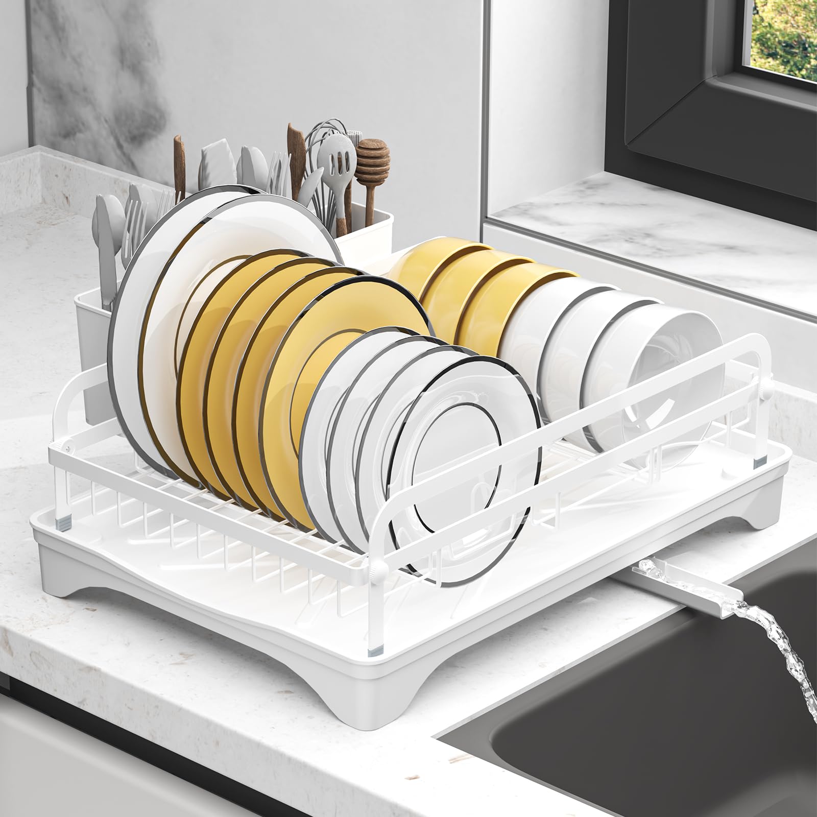 Dish Drying Rack,Dish Racks for Kitchen Counter, Metal Dish Drainer with Adjustable Drainage Spout, Removable Knife and Fork Holder (White)
