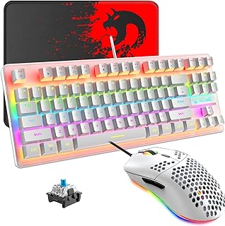 Wired Gaming Keyboard Mouse Set, Wired Mini 87 Keys Blue Switch Compact Mechanical Keyboard with 8 Rainbow Backlit Mode,29 Keys Anti-ghosting + 6400DPI Lightweight Gaming Honeycomb Mouse + Mouse Pad