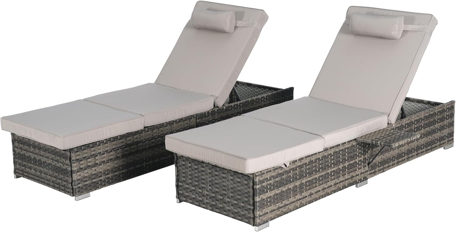 Outdoor Chaise Lounge Chair Set of 2 with Storage Patio Pool Chairs Tanning Lounges for Outside,Beach Rattan Recliners with Adjustable Backrest, Table, Cushion for Poolside Backyard Garden