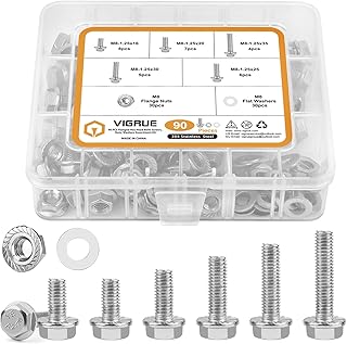 M8-1.25 x 16/20/25/30/35mm Flanged Hex Head Bolts, VIGURE 90PCS M8 Flange Hexagon Screws Serrated Flange Nuts Washers, Stainless Steel 18-8 (304), DIN 6921