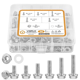 M8-1.25 x 16/20/25/30/35mm Flanged Hex Head Bolts, VIGURE 90PCS M8 Flange Hexagon Screws Serrated Flange Nuts Washers, Stainless Steel 18-8 304, DIN 6921