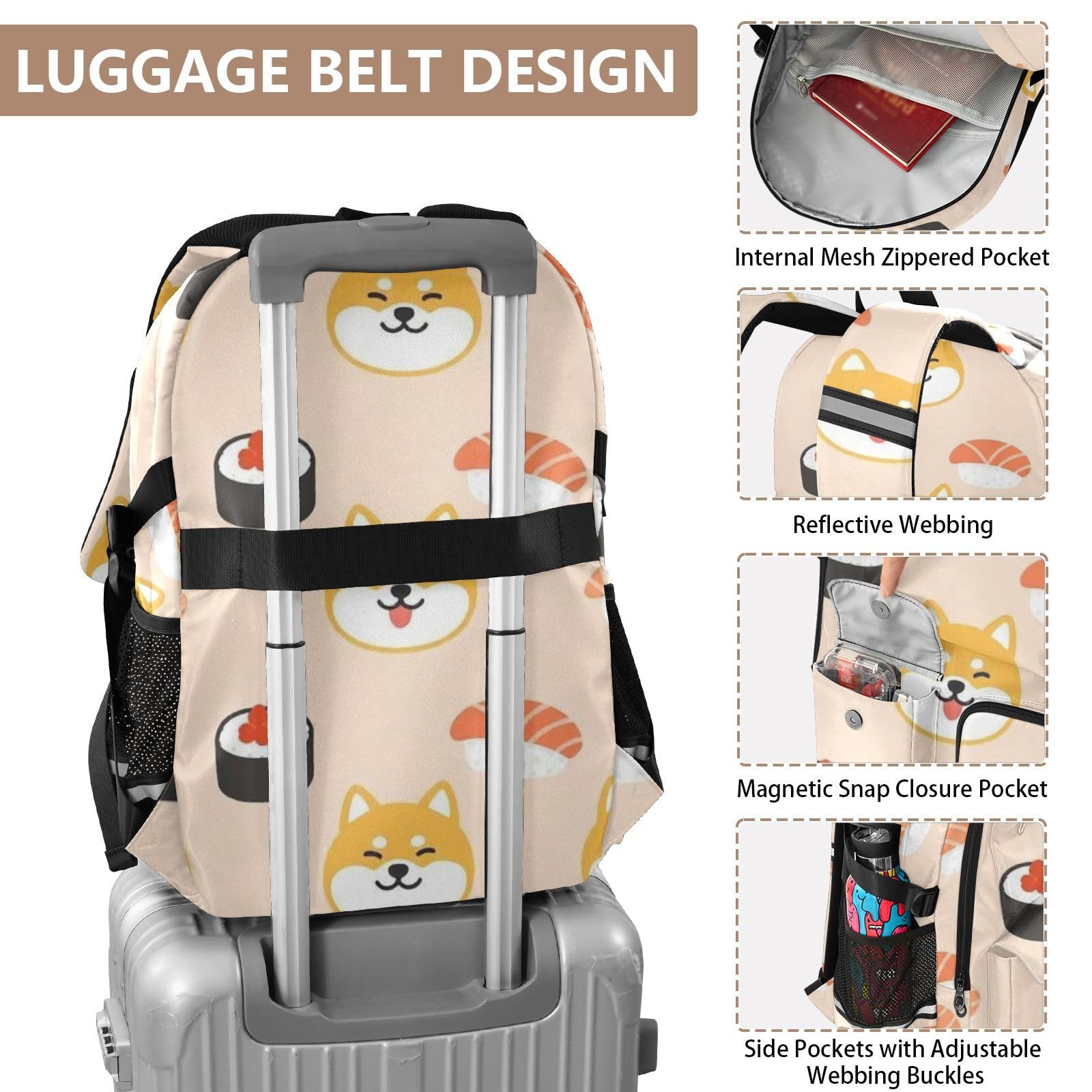 KLL Plecak na laptopa dla kobiet mężczyzn Shiba Inu & Sushi uroczy nadruk