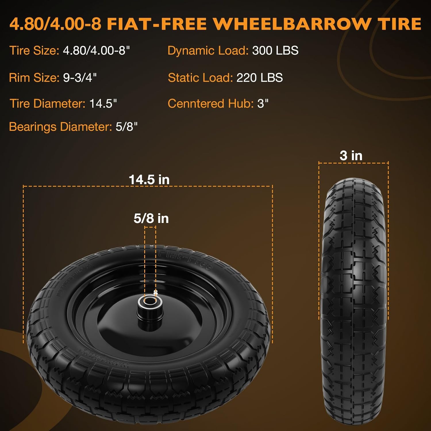 HQPASFY 14.5" Flat Free Tire 4.80/4.00-8 Wheelbarrow Tire and Wheel, 3" Centered Hub, 5/8" & 3/4" Bearings Replacement for Wheelbarrows, Garden Carts, Dump Carts, Lawn Equipment - Image 2