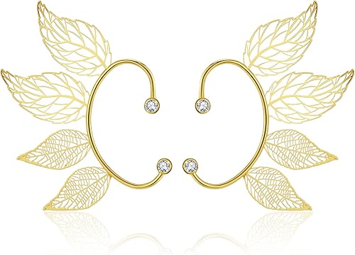Aretes de hada con orejas de elfo sin perforación, hojas doradas para mujer