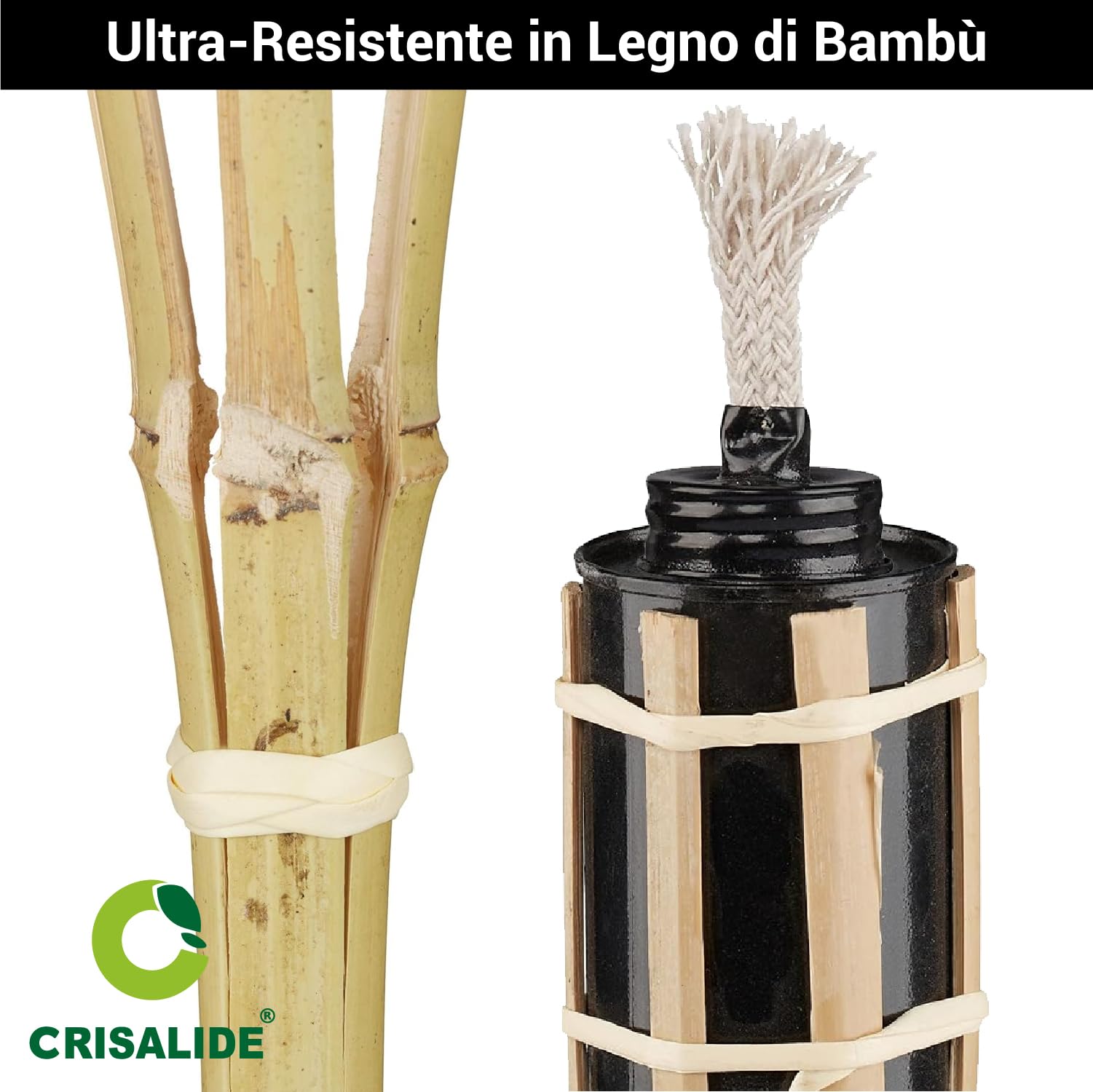 Crisalide® - Torce ad Olio in Bambù per Giardino – Fiaccole Decorative da Esterno con Serbatoio in Metallo e Stoppino – Ideali per Patio, Vialetti e Piscina – Set 5 o 10 Pezzi (10, 120 Cm - 0,625 L)