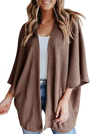 YIBOCK Women's Lightweight Kimono Cardigans Sweater Loose Waffle Knit 3/4 Batwing Sleeve Beach Cover Up
