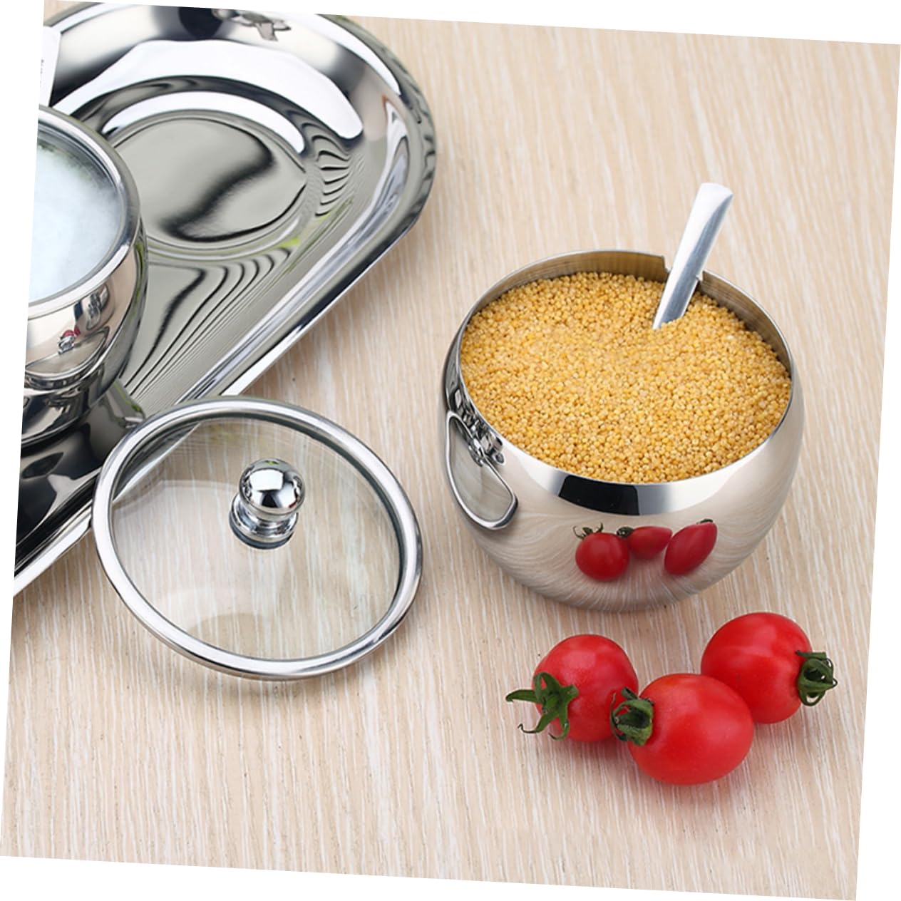 Azucarero de acero inoxidable con tapa de cristal, recipiente de metal para condimentos, tarro de especias de grado 304, almacenamiento duradero de cocina para azúcar, especias y condimentos