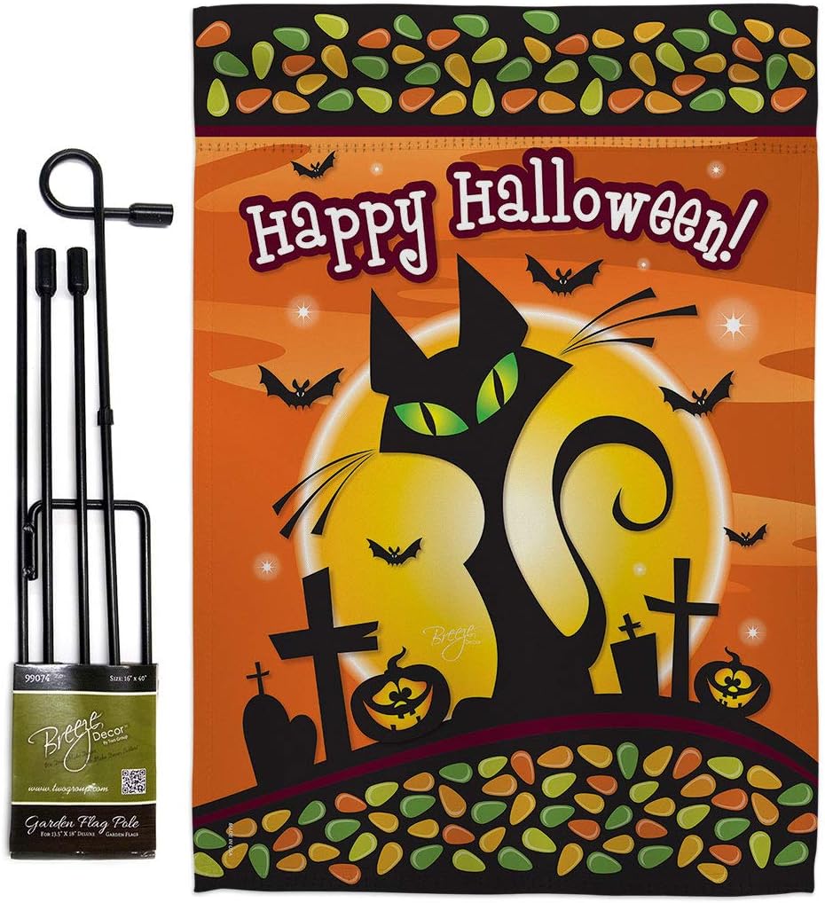 Breeze Decor GS112050-BO Black Cat Fall Halloween Decorative Vertical Banner Pole, Garden Flag 13"x 18.5", Small Flag Set w Flagpole