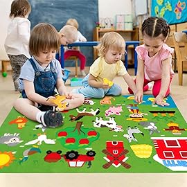 WATINC Farm Animals Felt Story Board Set 3.5Ft 38Pcs Preschool Farmhouse Themed Storytelling Flannel Barnyard Domestic Livestock Early Learning Interactive Play Kit Wall Hanging Gift for Kids