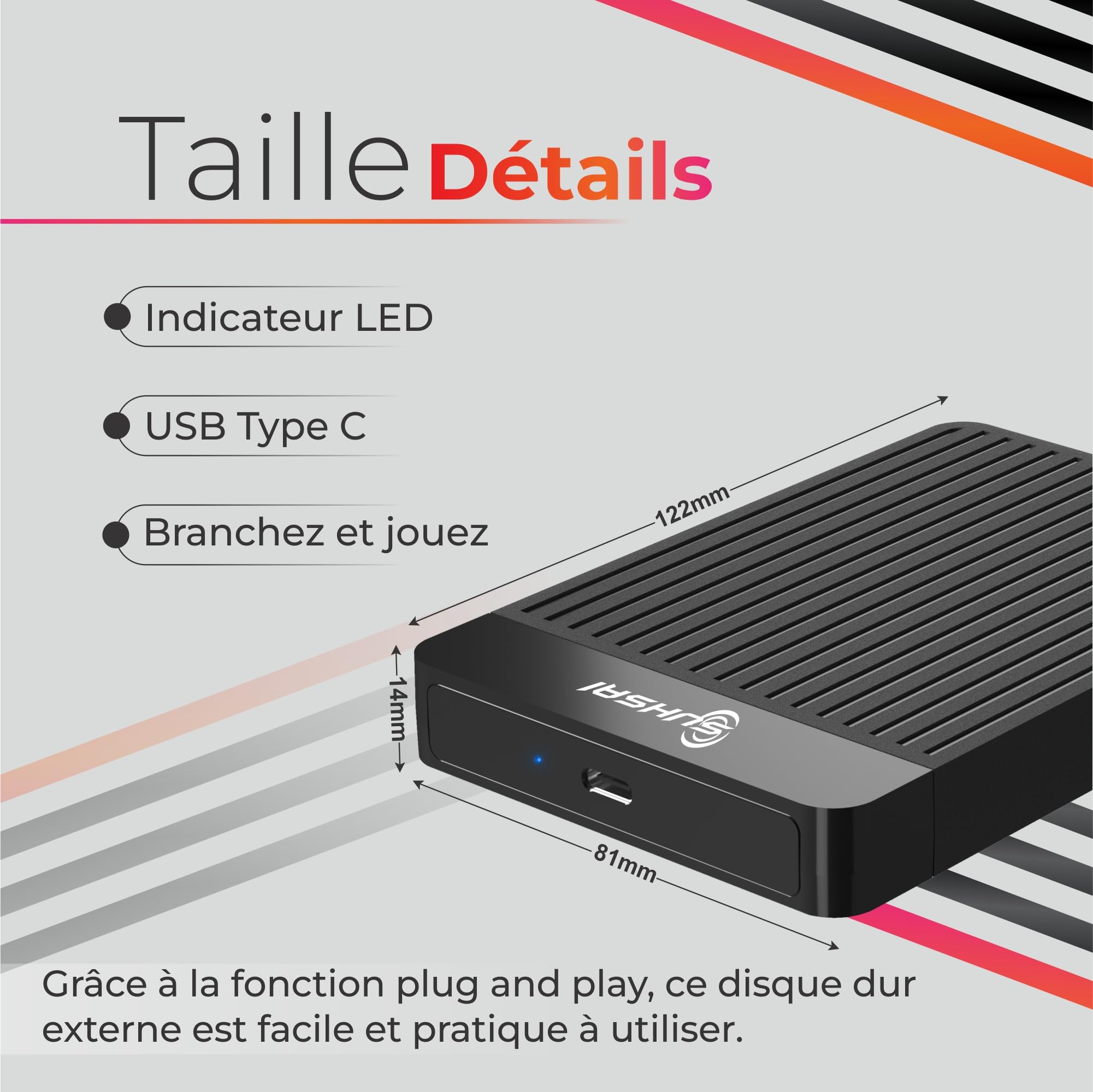 SUHSAI Disque Dur Externe Portable 1 to, 2,5 Pouces, USB-C pour PC - Noir | Disque dur de sauvegarde ultra-fin compatible avec MacBook, ordinateur portable, ordinateur de bureau et Chromebook