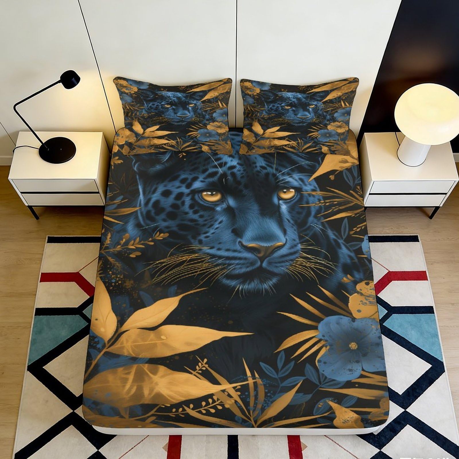 3D Printed Panther Jungle Fitted Sheet Microfiber Deep Pocket Full Wrap Bedroom Bedding Panther Jungle Mattress Fitted Cover Washable 180x200x25cm