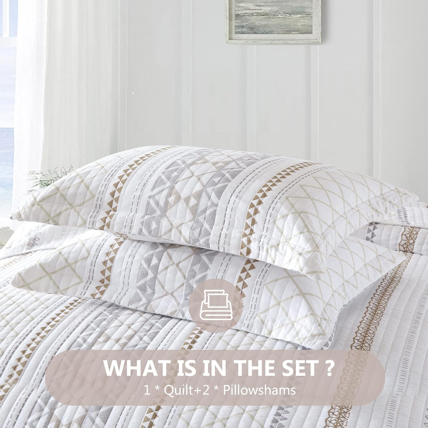 Queen Quilt Set, 100% Cotton, Queen Size Quilted Bedspread, Reversible Boho Striped Bed Spread, Lightweight Comforter for All Season, 3 Pieces, White/Brown/Grey - Image 5