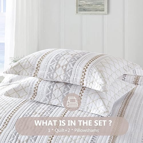 Miniatura 5 de Juego de edredón tamaño Queen, 100% algodón, colcha acolchada tamaño Queen, colcha reversible a rayas bohemias, edredón ligero para todas las