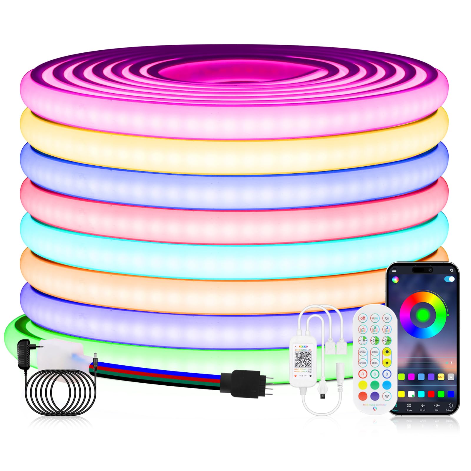 24V LED Strip Neon COB LED Streifen, 576 LEDs/m IP67 wasserdicht RGB LED Band Light Strip mit 24 Tasten IR Bluetooth Musik RGB Controller für DIY Beleuchtung Projekte.