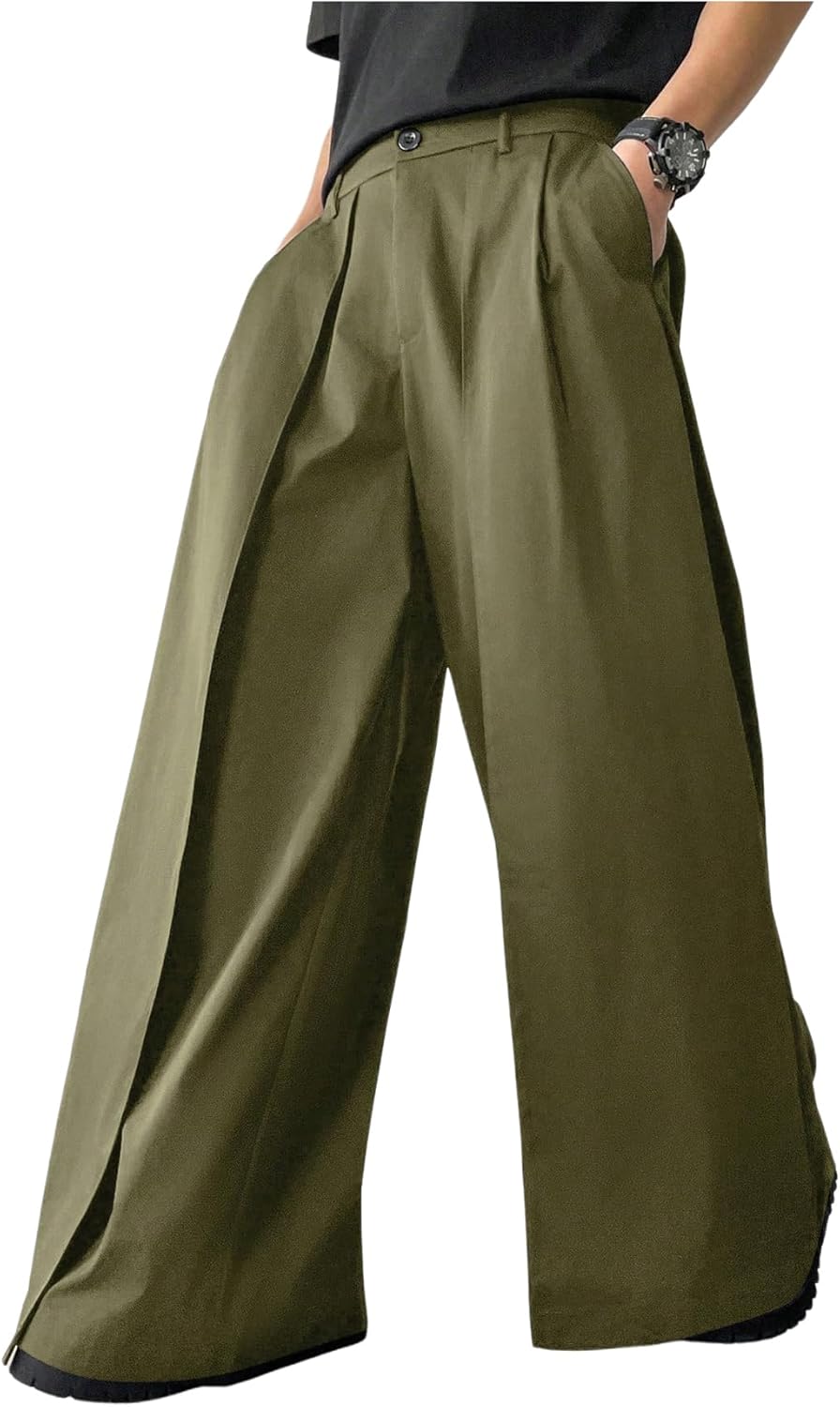 OYOANGLE Men's Baggy Wide Leg Pants Zipper Fly Pleated Trousers Business Casual Dress Pants with Pocket