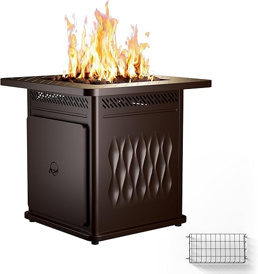 EAST OAK 28'' Propane Fire Pit Table, 50,000 BTU Steel Gas FirePit for Outdoor, Outside Patio Deck and Garden, CSA Certified Fire Table with Magnetic Lid, Cover-Storage Basket and Lava Rock , Brown