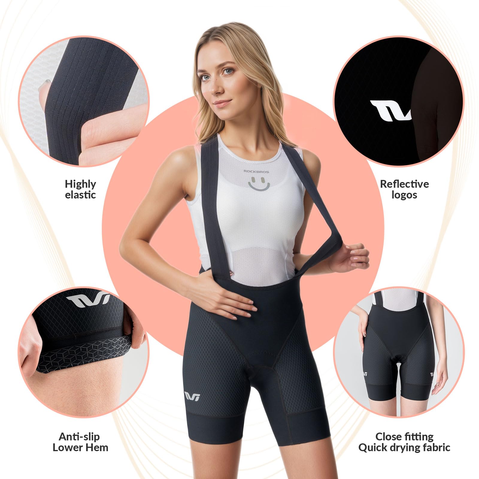 ROCKBROS TVI Cuissard à Bretelles pour Femmes Été, Shorts de Vélo Course Rembourré avec Poche Arrière, Séchage Rapide Anti-Choc pour Vélo de Route VTT, XXS-XL
