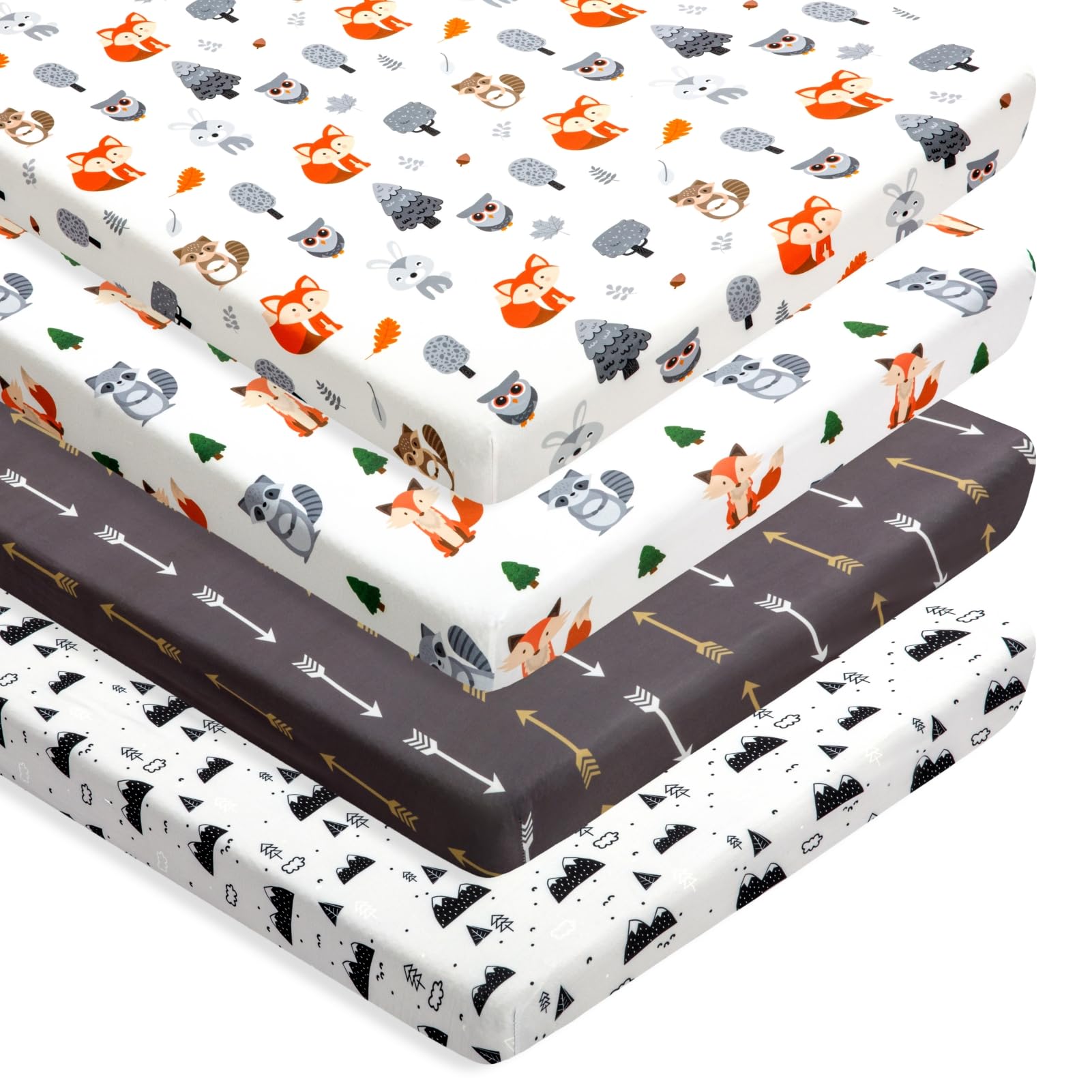 4 Pack N Play Sheets Woodland Forest Animals Wood Neutral Unisex Fitted Baby N Play Sheets Fitted for Standard Pack and Plays and Mini Cribs Set for Baby Boys or Girls