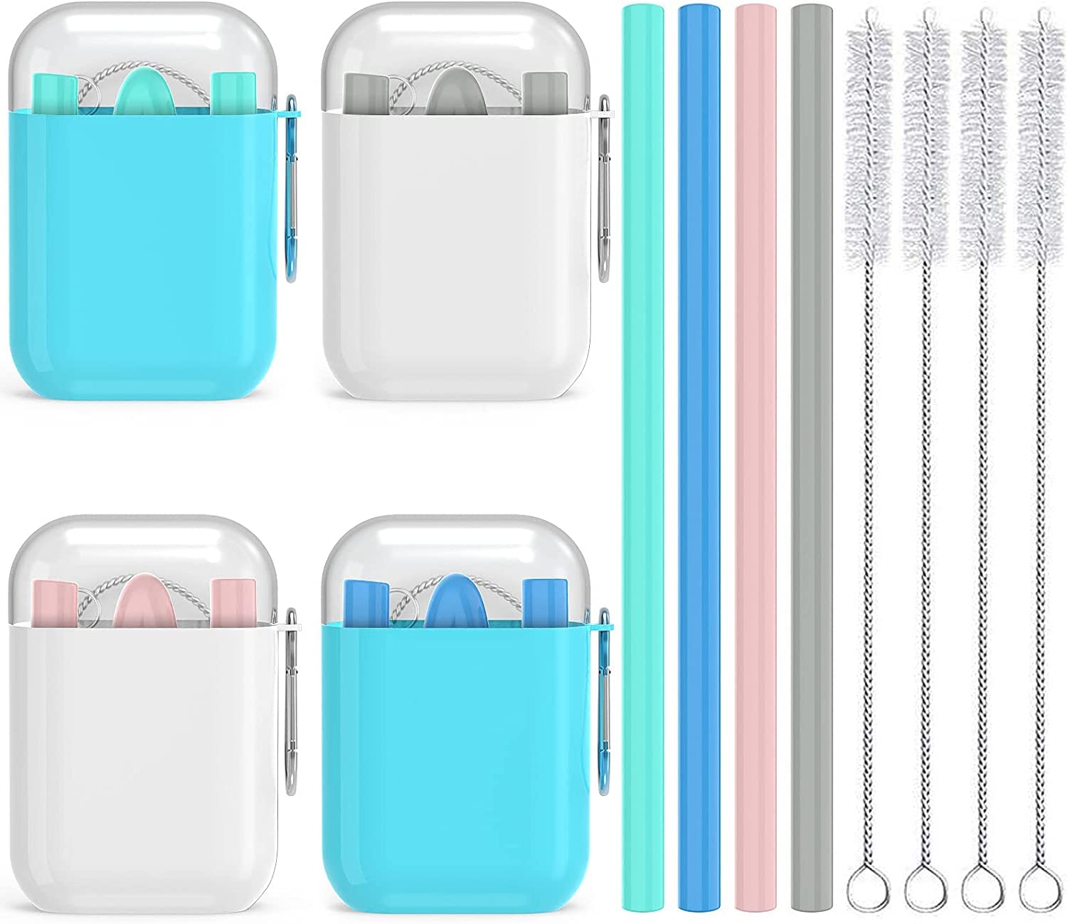 SYOSI Reusable Straws with Case, 4 Packs Convenient Travel Bottle Silicone Drinking Straws for Milkshakes, Frozen Drinks, Smoothies, Bubble Tea, Juice, Travel Straws with Case, and Cleaning Brush